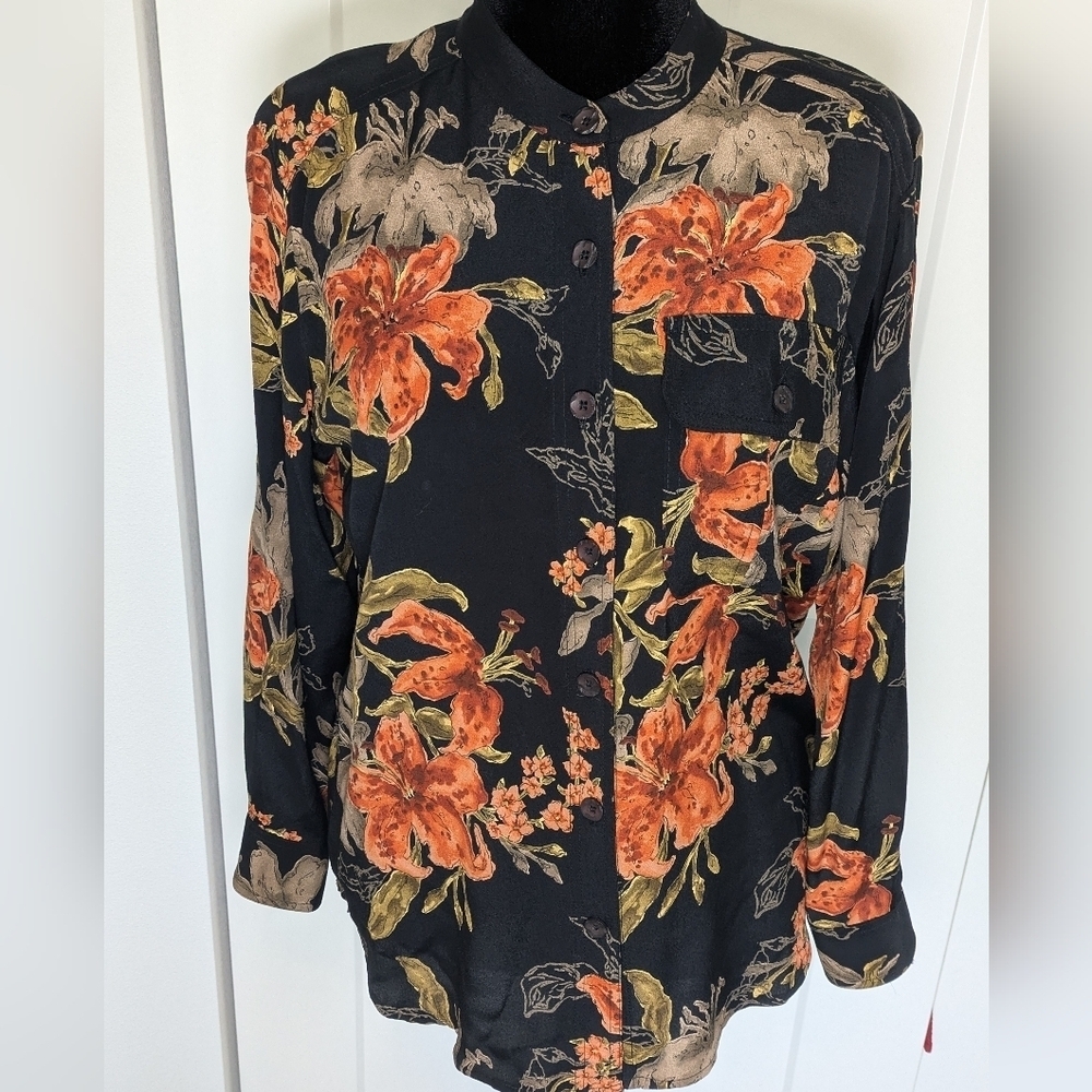Vintage Caroline Little Women Floral Mandarin Collar Button Down Tunic Shirt Sz6 - Picture 3 of 12
